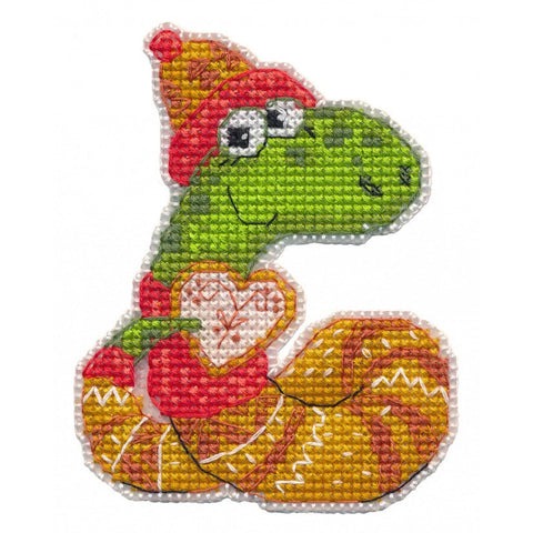 Snake with Heart Mini Cross Stitch Kit, Oven, Aida, Green and Red, 6–7 cm, Beginner Friendly