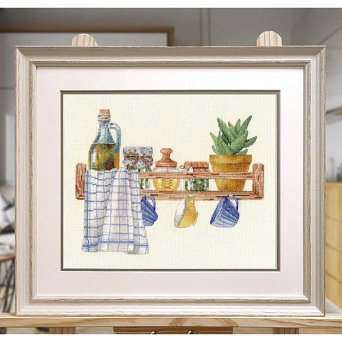 Cross Stitch Embroidery Kit with Cozy Kitchen Composition, Multicolor Design, Fabric, Threads, Needle, Pattern and Instructions by Oven