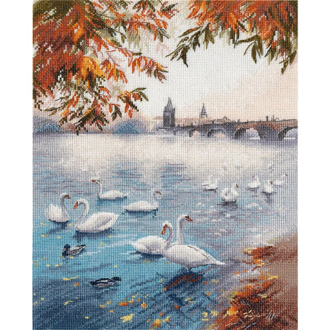 Cross Stitch Embroidery Kit, Autumn Shore Landscape, Oven, Warm Autumn Colors, Home Decor Project for Beginners and Advanced Stitchers