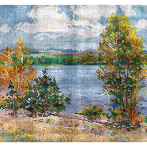 Cross Stitch Kit, Autumn Riverside Landscape, 23 x 23 cm, Cotton Aida Fabric, Threads, Needle & Chart, Oven