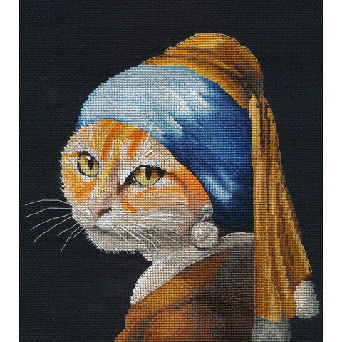 Cat Portrait Cross Stitch Kit with Pearl Earrings, Multicolor, Oven, Aida Fabric, Threads, Needle, 21×22 cm, Home Decor DIY Craft