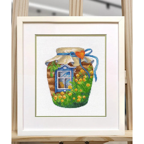 Cross Stitch Embroidery Kit, Summer in a Jar Multicolor Design, 13×15 cm, Beginner-Friendly Hobby Set by Oven