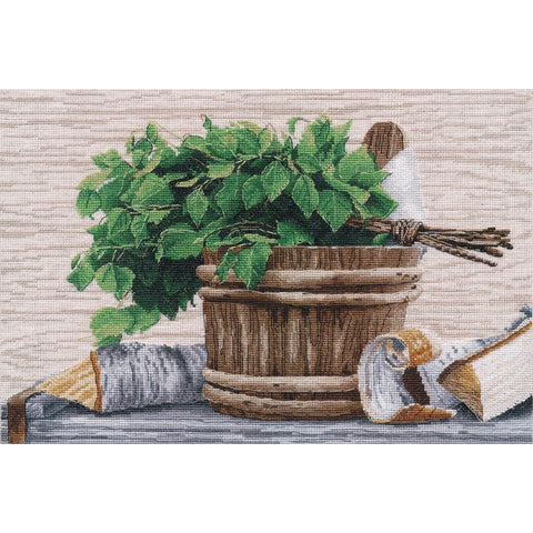 Cross Stitch Embroidery Kit, Sauna Theme, 35 x 25 cm, “Enjoy Your Steam!” Motif, DIY Home Decor Craft by Oven