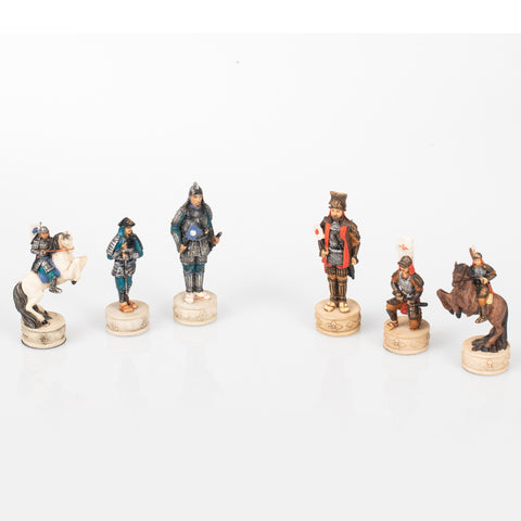 SAMURAI: Handpainted Chess Set with Leatherette Chessboard + Box + CHECKER SET