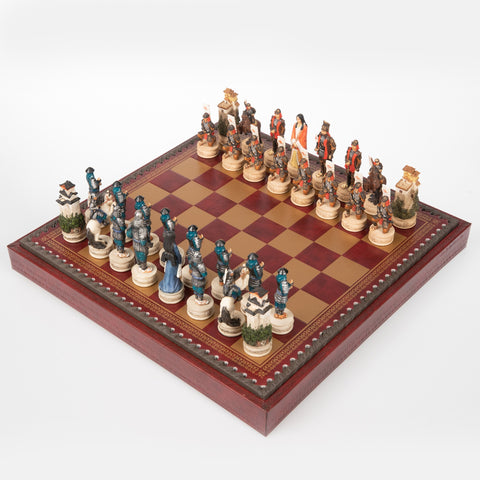 SAMURAI: Handpainted Chess Set with Leatherette Chessboard + Box + CHECKER SET