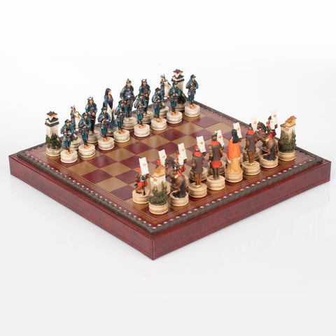 SAMURAI: Handpainted Chess Set with Leatherette Chessboard + Box + CHECKER SET