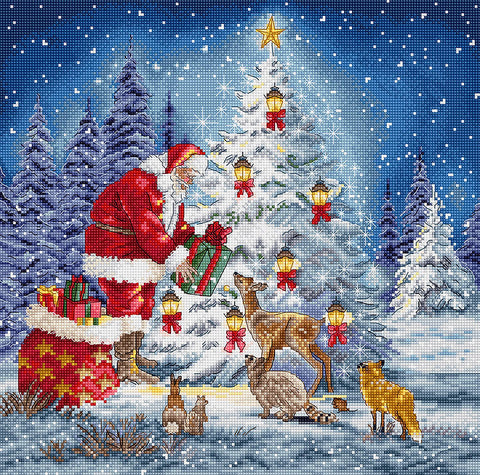 Santa Cross Stitch Kit 29x29 cm, LetiStitch, Zweigart Aida 16ct, Luca-S Cotton Threads, Black Symbol Chart