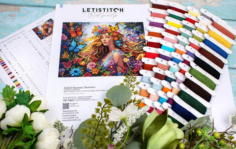 Summer Seasons Cross Stitch Kit, 37 x 30 cm LetiStitch Embroidery Kit with Zweigart Aida 16ct and Cotton Threads