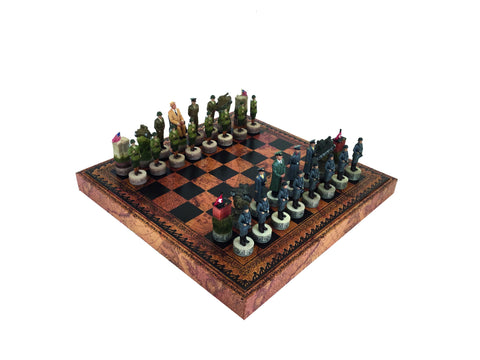 SECOND WORLD WAR: Handpainted Chess Set with Chessboard + Box + Checker Set