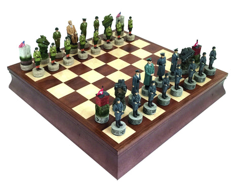 SECOND WORLD WAR: Handpainted Chess Set with Chessboard + Walnut Box