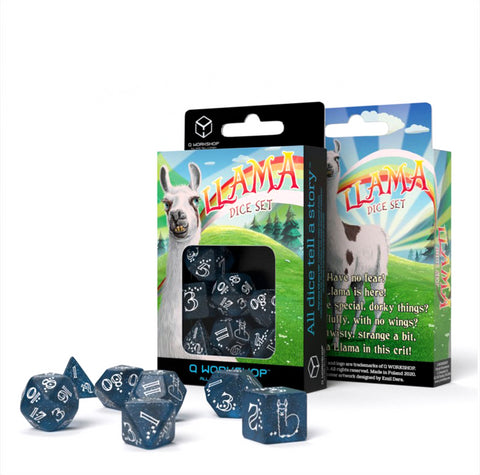 Shimmering Llama Dice Set navy blue and white