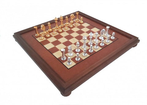 Shiny Gold/Silver Solid Brass Chess with Root of Madrona Wood Chessboard