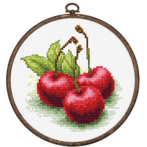 Luca-S Cherry Cross Stitch Kit with Hoop, Aida Fabric, 10x10 cm, Beginner Set
