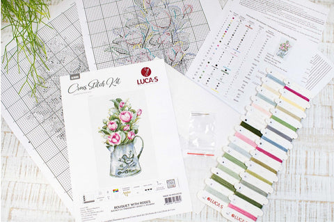 Luca-S Rose Bouquet Cross Stitch Kit with Canvas, Threads, Needle & Pattern