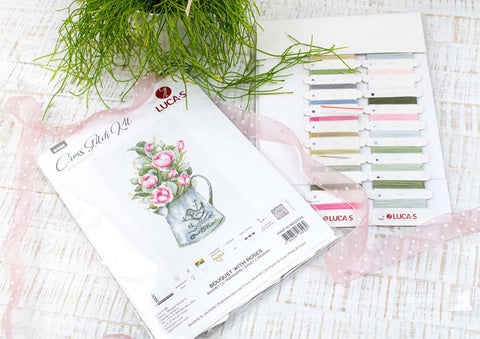 Luca-S Rose Bouquet Cross Stitch Kit with Canvas, Threads, Needle & Pattern