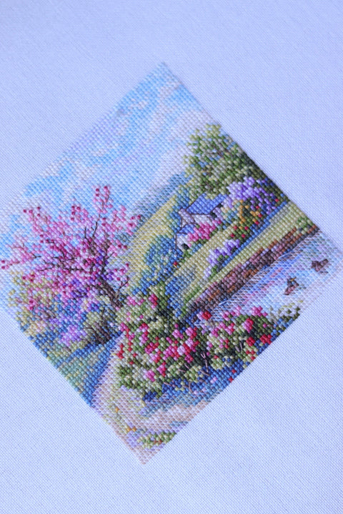 Merejka Spring Cross Stitch Kit, Counted Embroidery Kit with Aida Fabric, Multicolor Design, 11.5 × 11.5 cm Finished Size