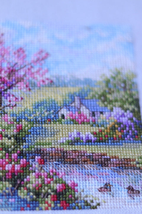 Cross Stitch Embroidery Kit Spring Design, Merejka, 11.5 x 11.5 cm Finished Size, Aida Fabric, Cotton Threads, Needle and Instructions