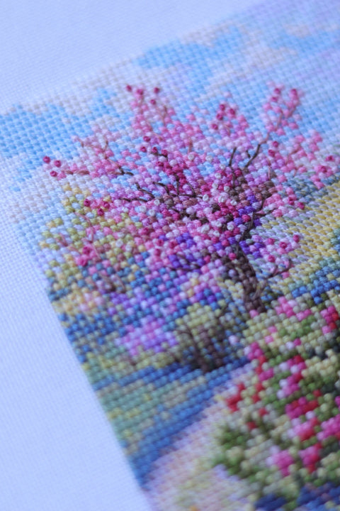 Cross Stitch Embroidery Kit Spring Design, Merejka, 11.5 x 11.5 cm Finished Size, Aida Fabric, Cotton Threads, Needle and Instructions