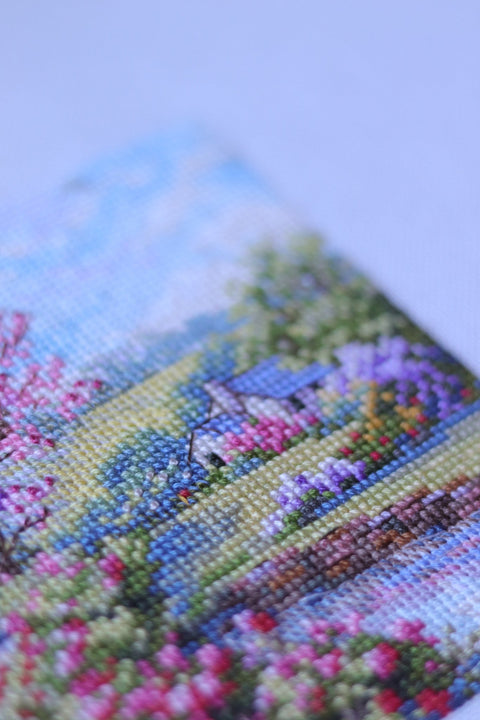 Cross Stitch Embroidery Kit Spring Design, Merejka, 11.5 x 11.5 cm Finished Size, Aida Fabric, Cotton Threads, Needle and Instructions