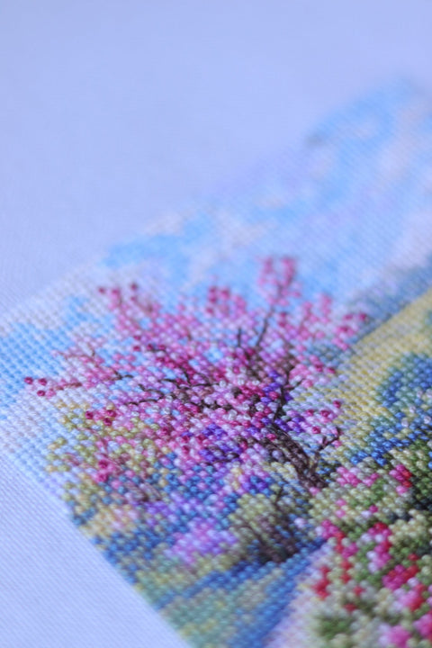 Cross Stitch Embroidery Kit Spring Design, Merejka, 11.5 x 11.5 cm Finished Size, Aida Fabric, Cotton Threads, Needle and Instructions