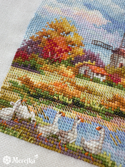 Merejka Cross Stitch Kit for Beginners, Autumn Design, 11.5 x 11.5 cm, Warm Orange, Gold and Brown Home Decor