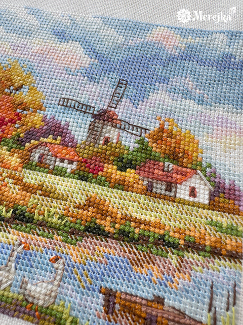 Merejka Cross Stitch Kit for Beginners, Autumn Design, 11.5 x 11.5 cm, Warm Orange, Gold and Brown Home Decor