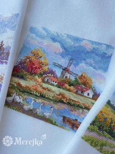 Merejka Cross Stitch Kit for Beginners, Autumn Design, 11.5 x 11.5 cm, Warm Orange, Gold and Brown Home Decor
