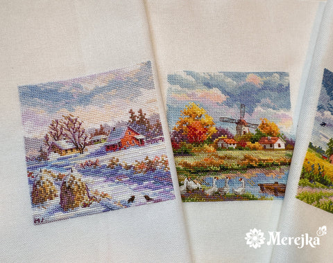Merejka Cross Stitch Kit, Autumn Design, 11.5 × 11.5 cm, Compact Embroidery Craft Project for Beginners and Experienced Stitchers