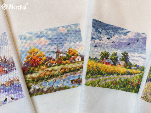 Merejka Cross Stitch Kit, Autumn Design, 11.5 × 11.5 cm, Compact Embroidery Craft Project for Beginners and Experienced Stitchers