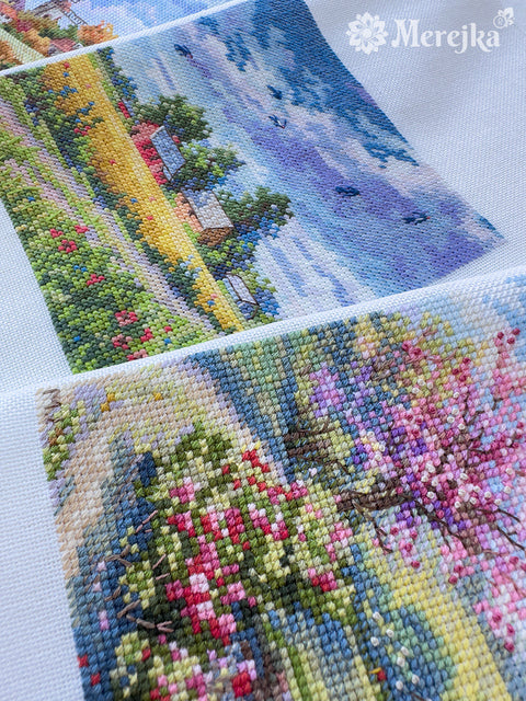 Cross Stitch Embroidery Kit with Summer Design, Merejka, 11.5 x 11.5 cm, Aida Fabric, Cotton Threads, Needle and Pattern