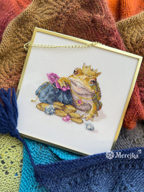 Cross Stitch Kit Golden Toad 11×12 cm, Merejka Embroidery Kit with Fabric, Threads, Needle, Pattern and Instructions