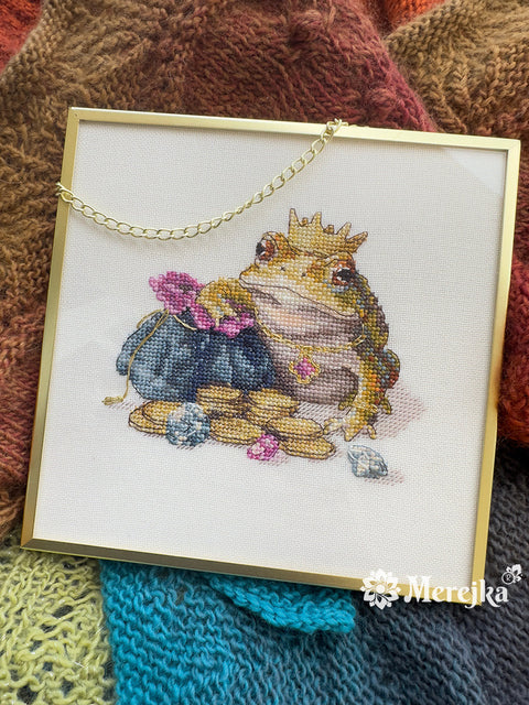 Cross Stitch Kit Golden Toad 11×12 cm, Merejka Embroidery Kit with Fabric, Threads, Needle, Pattern and Instructions