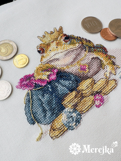 Cross Stitch Kit Golden Toad 11×12 cm, Merejka Embroidery Kit with Fabric, Threads, Needle, Pattern and Instructions