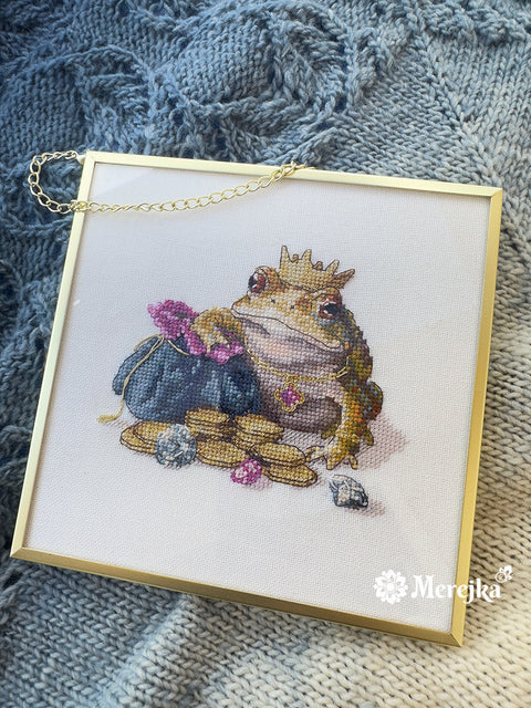 Cross Stitch Kit with Golden Toad Design, Merejka, 11×12 cm, Embroidery Fabric, Threads, Needle, Chart and Instructions