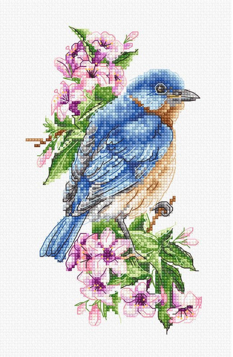 Luca-S Blue Bird on Branch Cross Stitch Kit with Aida Fabric & Threads