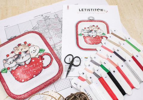 Meowy Christmas Cross Stitch Kit with Red Hoop, LetiStitch Beginner Kit, 11 x 9 cm, Zweigart Aida 14ct, Anchor Cotton Thread