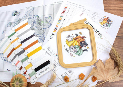 Hello Fall Cross Stitch Kit, Beginner Embroidery Set, 12x12 cm, LetiStitch, Zweigart Aida 14ct, Anchor Cotton Floss