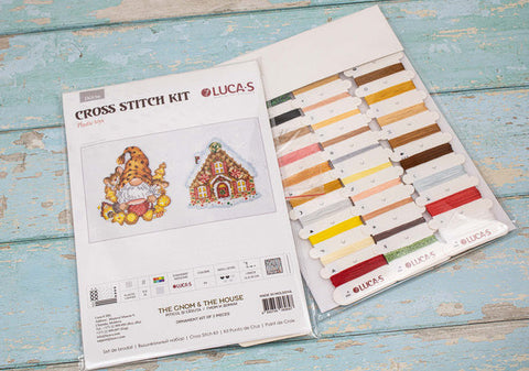 Luca-S Gnome & House Cross Stitch Kit with Aida Cloth, Threads, Needle Pattern