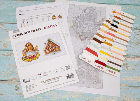 Luca-S Gnome & House Cross Stitch Kit with Aida Cloth, Threads, Needle Pattern