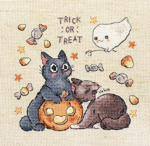 Trick or Treat Counted Cross Stitch Kit, LetiStitch, 14 x 13 cm, Zweigart Aida 16ct, Luca-S Cotton Threads, Halloween Design
