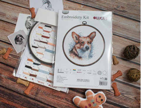 Luca-S Welsh Corgi Cross Stitch Kit with Hoop, Aida Fabric 14x15 cm