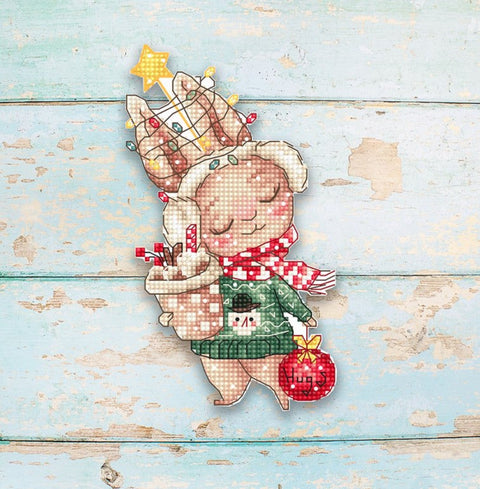 Christmas Rabbit Cross Stitch Kit, LetiStitch Ornament, 14 x 8 cm, 14 Count Plastic Canvas, Anchor Cotton Threads