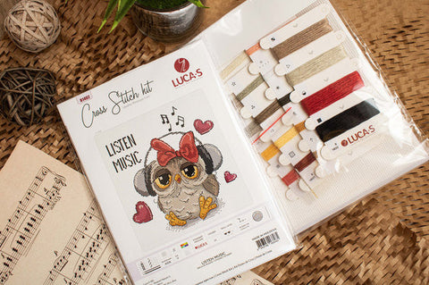Luca-S Music Listening Cross Stitch Kit w/ Aida, Threads, Needle, Chart