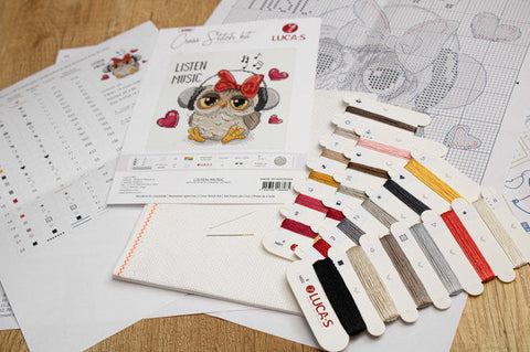 Luca-S Music Listening Cross Stitch Kit w/ Aida, Threads, Needle, Chart