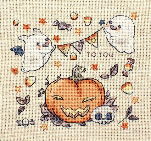 Boo To You Cross Stitch Kit, 15 x 14 cm, LetiStitch, Aida 16ct Fabric, Luca-S Cotton Threads