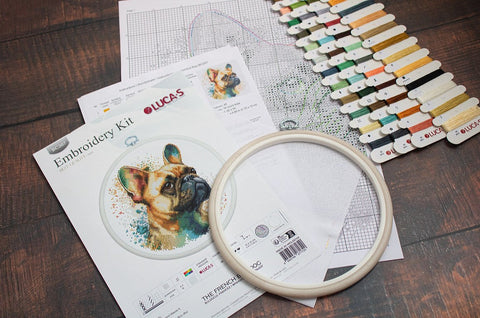 Luca-S French Bulldog Cross Stitch Kit with Hoop, 15x15 cm Complete Set