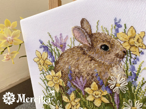 Merejka Cross Stitch Kit Little Rabbit, 15x18 cm, White Aida, Cotton Threads, Pastel Motif, Complete Embroidery Set