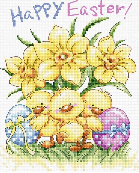 Cross Stitch Kit Three Chicks with Daffodils and Egg, LetiStitch, Aida 16 Count, 15 x 18.5 cm