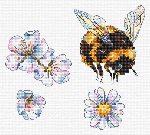 Furry Bumblebee Cross Stitch Kit, LetiStitch, 16 x 14 cm, Zweigart Aida 16ct, 100% Anchor Cotton Threads