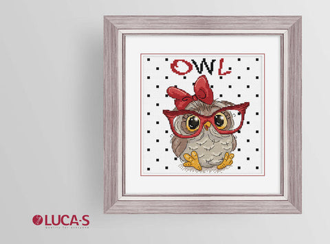 Luca-S Owl with Glasses Cross Stitch Kit, Aida Fabric, Threads, Needle Pattern